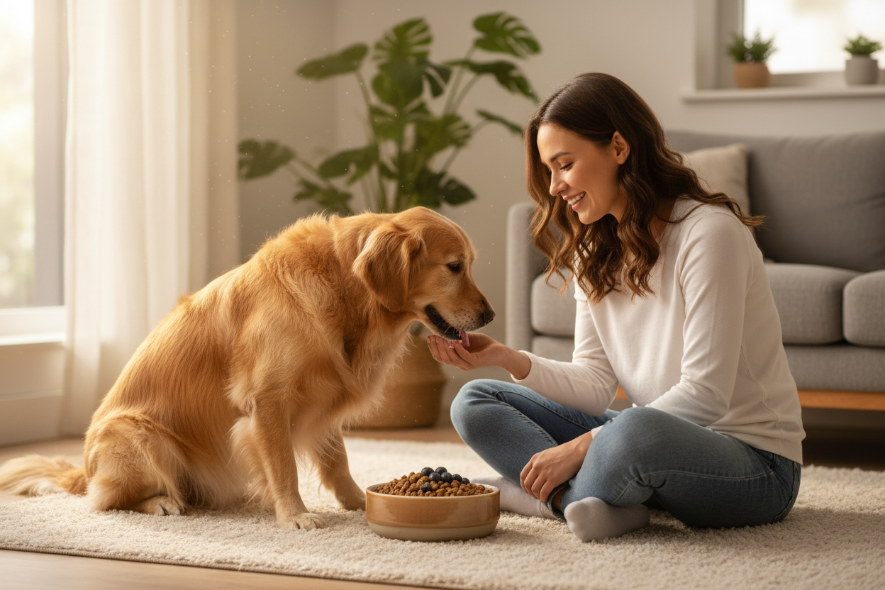 Hero Section (Image with text overlay):

Image: Use the "Dog and Owner with Food Bowl" image you generated earlier. High-quality, emotional, aspirational.

Heading: "Qualität, die dein Haustier verdient. Pfotenpremium – Wo Liebe Zuhause Findet." (Quality your pet deserves. Pfotenpremium – Where Love Finds a Home.)

Button: "Jetzt Shoppen" or "Alle Produkte Entdecken" (Shop Now / Discover All Products). Make it a contrasting color (your accent orange/gold) to stand out.